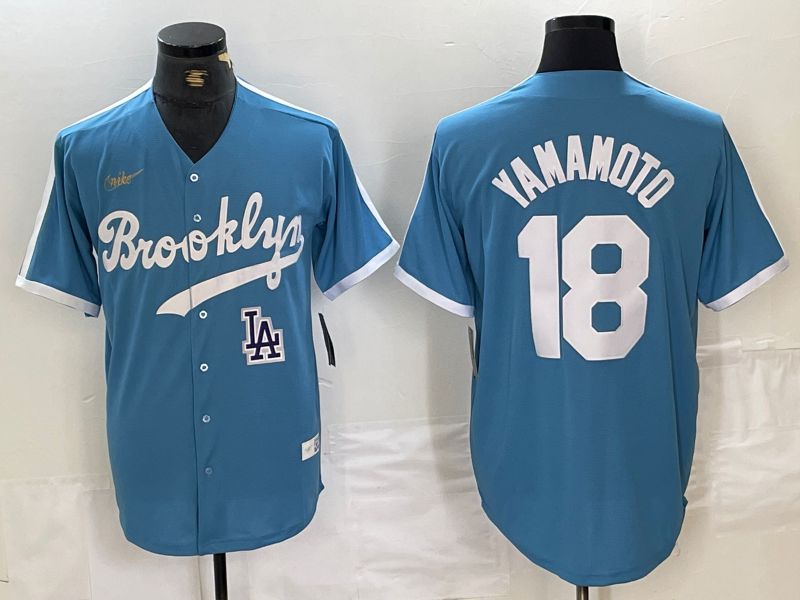 Men Los Angeles Dodgers #18 Yamamoto Light blue Throwback 2024 Nike MLB Jersey style 2->->MLB Jersey